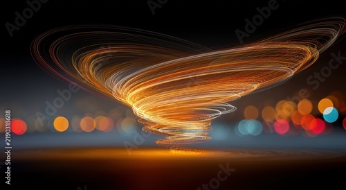 Glowing Christmas tree made of golden light trails on dark background
