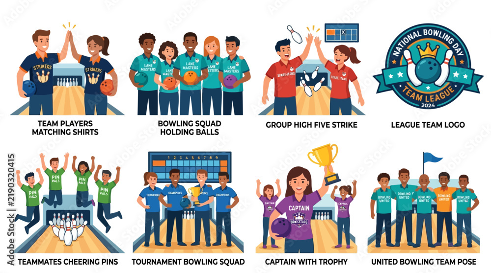 Fototapeta premium Bowling league members celebrate successful strikes together while holding heavy professional balls inside the modern sports arena facility decorated with bright team uniforms and glowing lane wood.