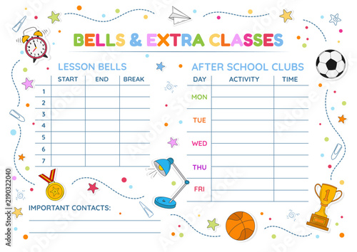 School Bell Schedule and After School Clubs Planner Template for Kids