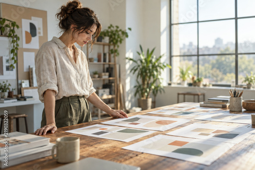 Person examining geometric art prints on wooden table in bright studio