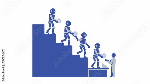 Flat vector graphic showing a descending staircase of AI agents passing a glowing orb to a human figure waiting at the bottom 'feedback' station. Ultra-clean white space, royal blue and light