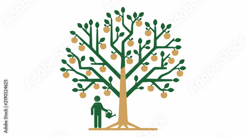 A stylized flat vector tree where branches represent different AI agent paths and the fruit represents successful task completion, with a human gardener icon. Forest green and tan color palette,
