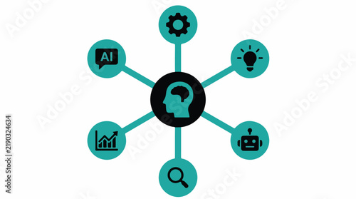 A central human profile icon connected by solid, thick lines to various peripheral AI agent bubbles in a symmetrical radial pattern. Minimalist flat design, teal and black color scheme on white.