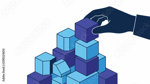 A composition of modular 3D-looking flat blocks representing different AI agents being stacked by a human hand silhouette. Indigo and sky blue solid colors, clean white background. Trace