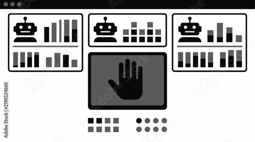 A simplified flat vector dashboard view with three distinct AI agent panels and a prominent human 'override' button in the center. Monochrome black and grey palette on white. Trace optimized,