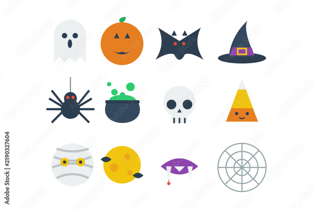 Fototapeta premium Collection of Halloween themed icons including pumpkin skull bat and witch hat for seasonal design projects