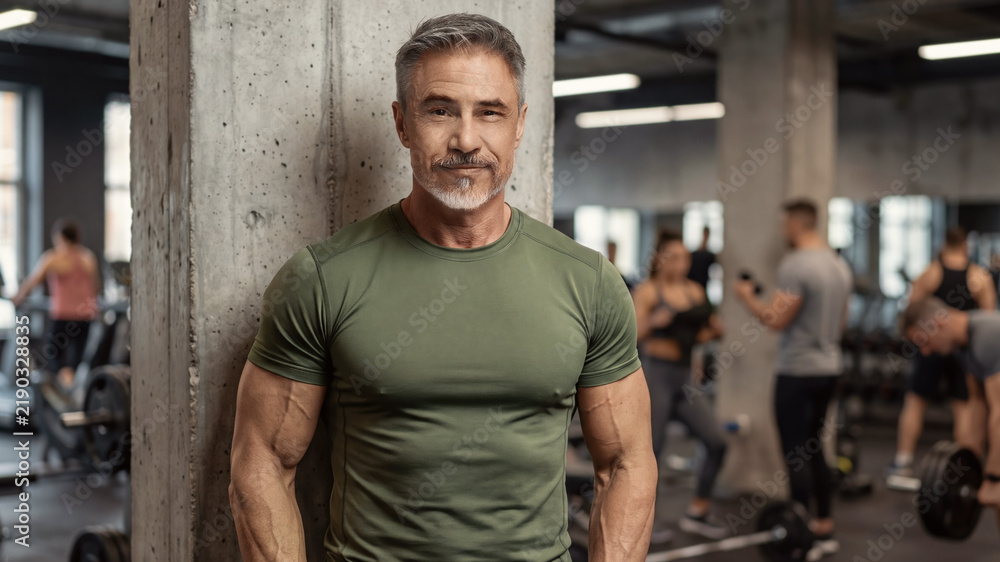 Obraz premium Portrait of muscular active senior man standing in gym, smiling. Happy sporty mid adult male during workout training. Healthy lifestyle, fitness in older age. .