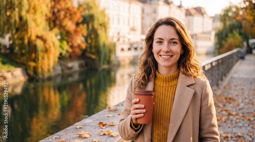 Smiling Young Woman Walking by River Enjoying Autumn Coffee