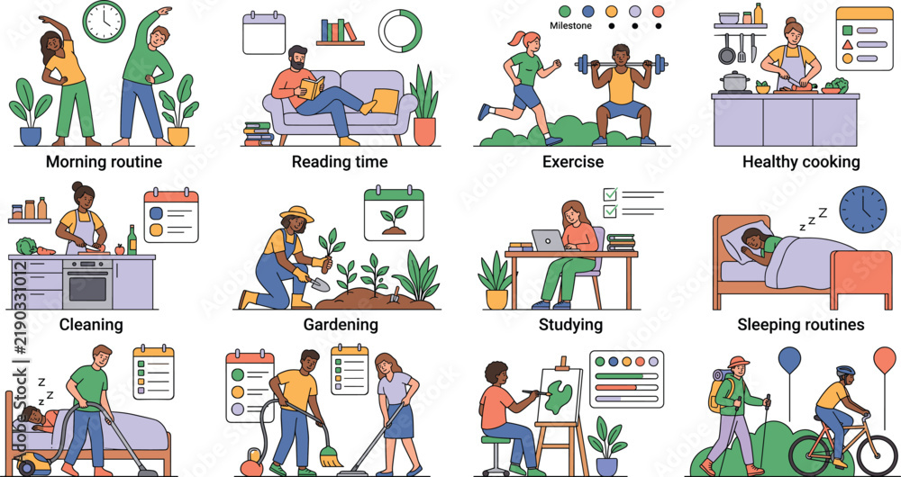 Fototapeta premium Healthy daily routine and self improvement habits vector illustration set featuring exercise gardening studying sleeping and domestic chores
