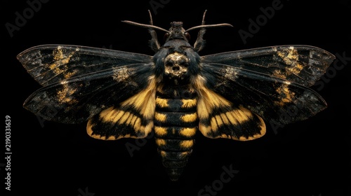 Large moth with distinctive skull pattern on its thorax and vibrant yellow and black wings, displayed against a dark background for striking visual contrast