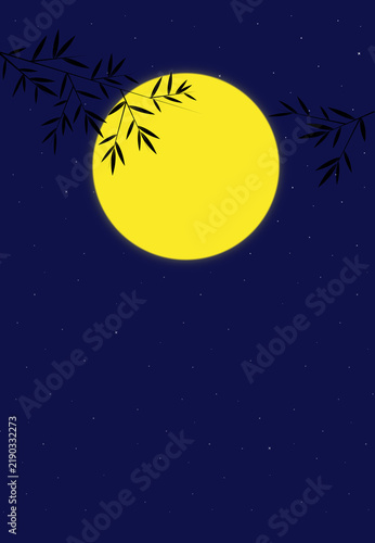 Mid Autumn Festival, Happy Autumn, Yellow Moon, Tree and Night background. Moon Day Festival.