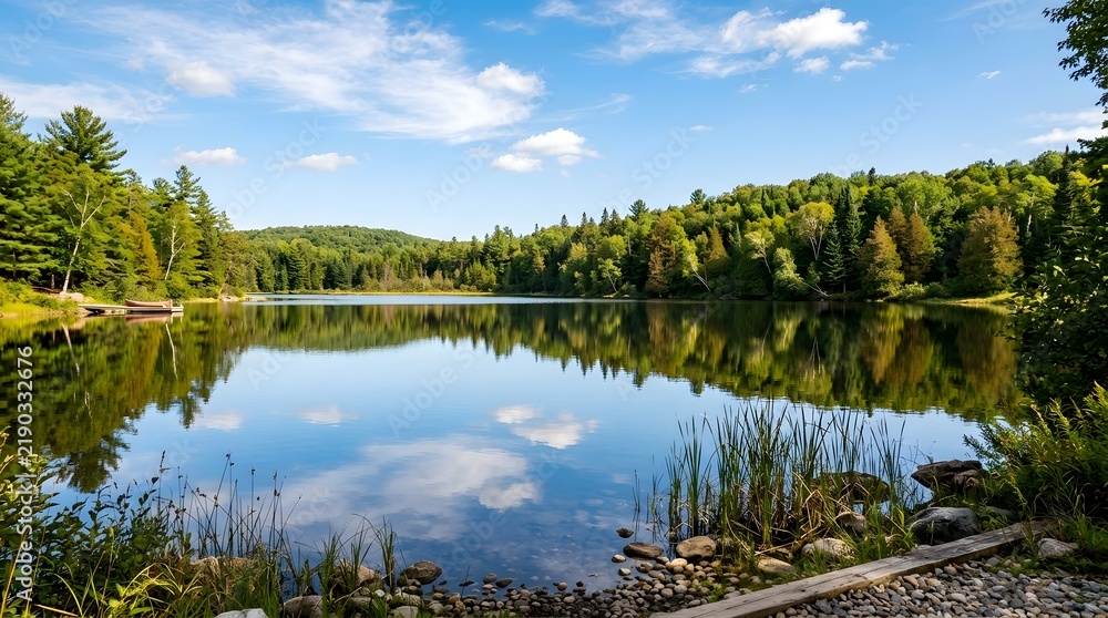 Fototapeta premium Serene Lake Reflecting Blue Sky and Lush Green Forest Landscape