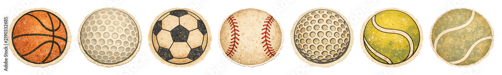 Fototapeta premium PNG Vintage sports balls illustration on transparent background