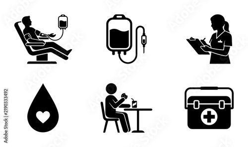 Medical icons: blood donation, IV bag, nurse, eating, and first aid