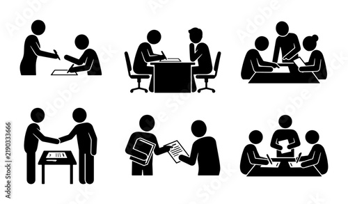 Black icons of business people meeting and working together