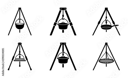 Camping cooking tripods with pots and grills