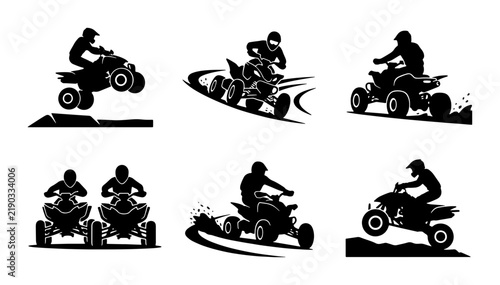 Six ATV riders in action, black silhouettes on white background