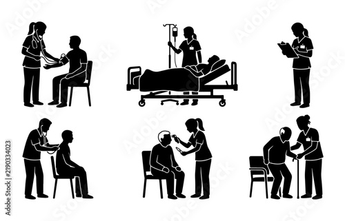 Medical care and nursing silhouettes on white background