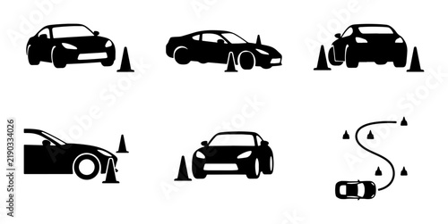 Driving school car cones silhouette set