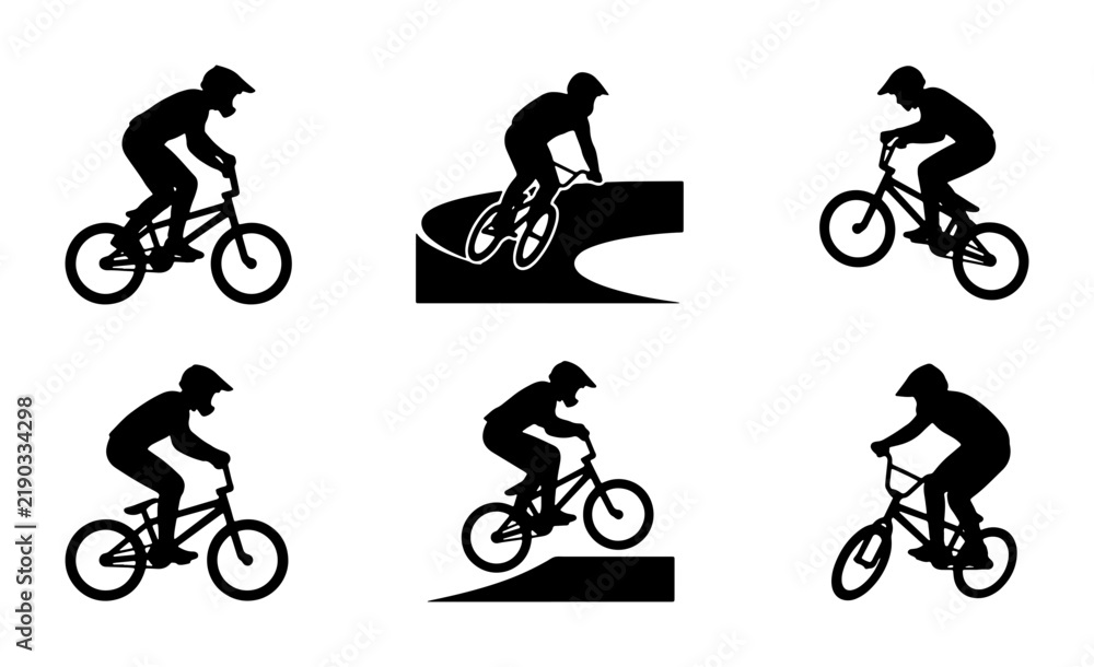 Fototapeta premium Six BMX cyclists performing tricks and jumps in silhouette