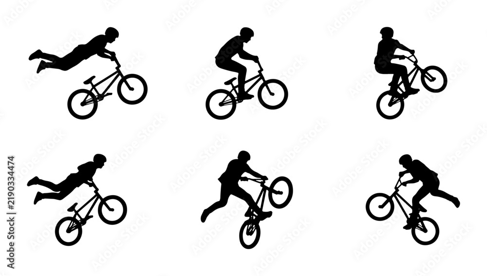 Fototapeta premium Six BMX cyclists performing stunts in silhouette