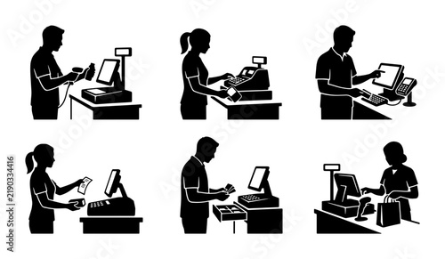 Cashiers and customers in different retail checkout scenes