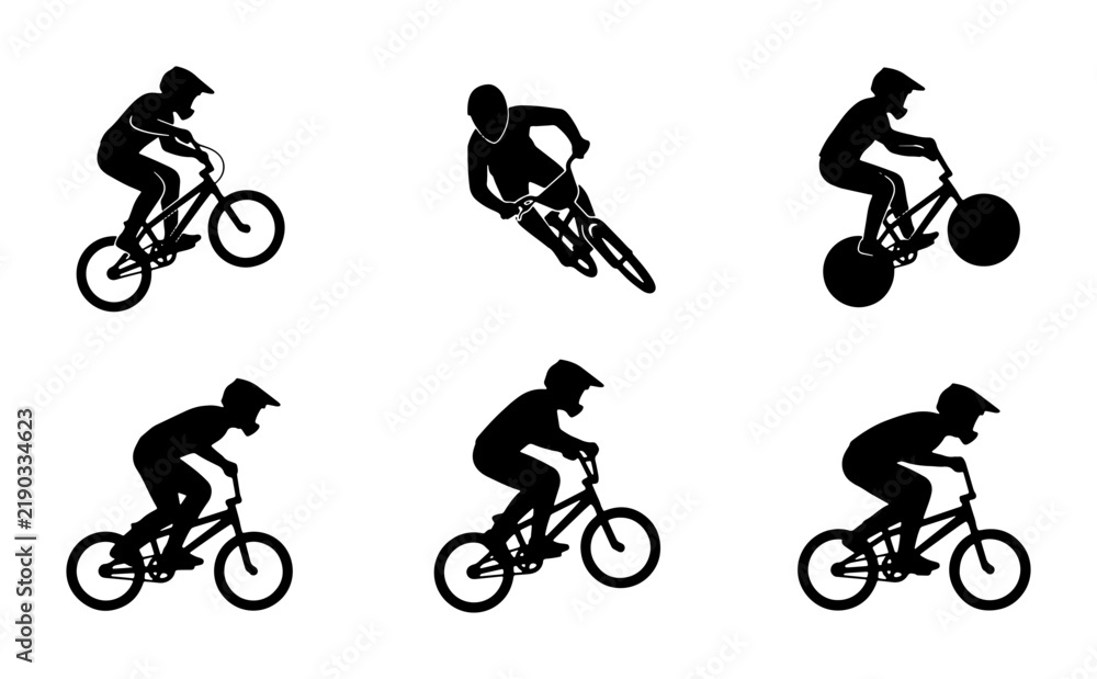 Fototapeta premium Six BMX cyclists performing stunts in silhouette