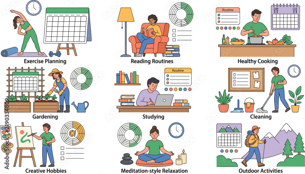 Fototapeta premium Healthy lifestyle habits and daily routine vector planning illustration set featuring exercise cooking meditation gardening painting and studying