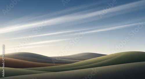 Abstract rolling green hills under a soft blue sky at sunset with green landscape