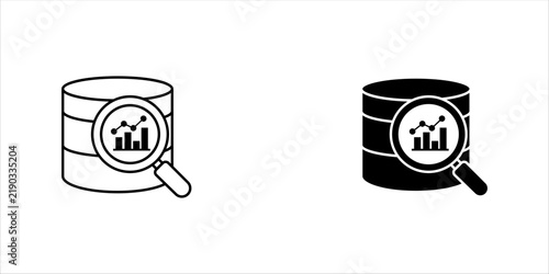 Minimalist black outline icon showing an oil barrel with a magnifying glass and bar chart, representing petroleum analysis, energy research, business intelligence, market evaluation, and industrial pe