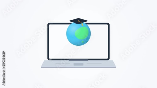 Global Online Education Concept Laptop Displaying Earth with Graduation Cap for Remote Learning
