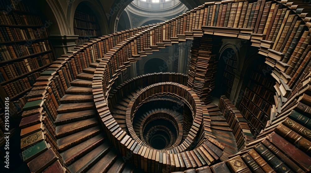 Fototapeta premium A Spiral Staircase Lined with Ancient Books in a Grand Library