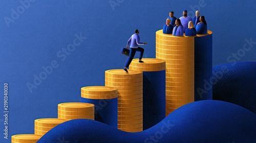 Minimal editorial illustration of a small businessperson climbing a staircase made from stacks of coins