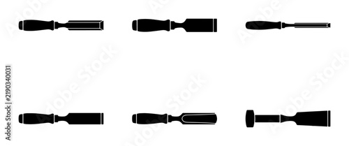 Bild auf Leinwand Six different woodworking chisels silhouettes on white background