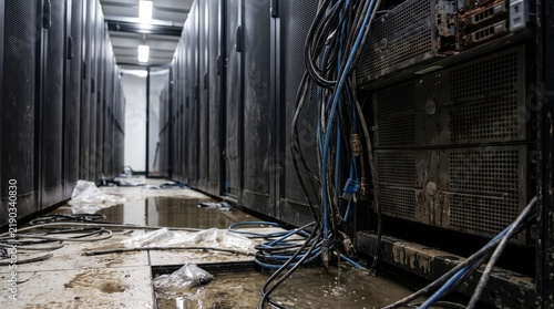 Flooded server room with damaged computer hardware and water on the floor.