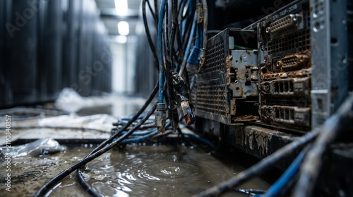 Damaged server hardware submerged in flood water inside a dark data center facility.