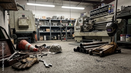Interior view of a cluttered industrial machine shop with heavy machinery and tools.