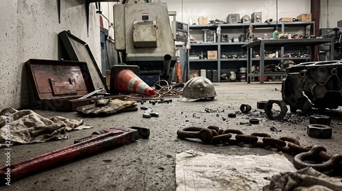 Cluttered industrial workshop floor with scattered tools and mechanical parts.