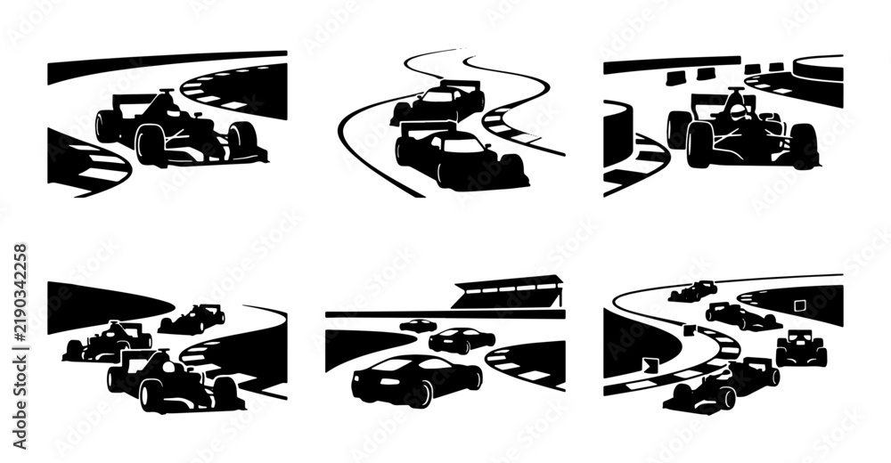 Obraz premium Six racing cars on a track, black and white silhouettes