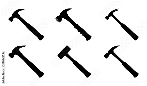 Collection of six black hammer silhouettes on white background