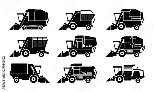 Collection of black silhouette farming harvesters