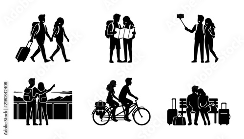 Couple enjoying travel activities silhouette collection