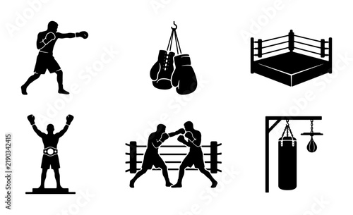 Black silhouette icons of boxing elements and fighters