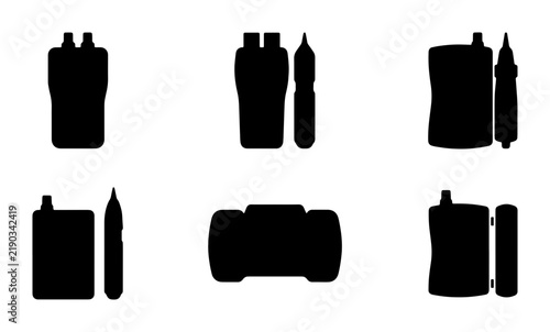 Collection of black silhouettes of vape pens and e-liquid bottles