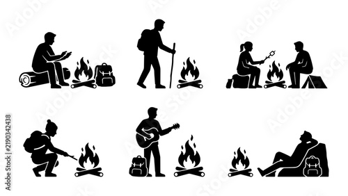 Campfire scenes with people hiking and relaxing