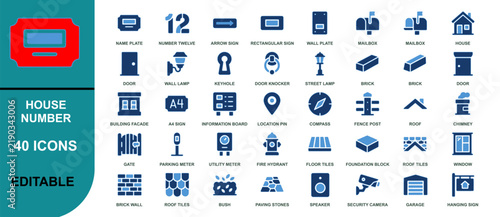 Set of 40 editable house number and home-related icons in modern blue and white vector style isolated on white background, Vector, illustration