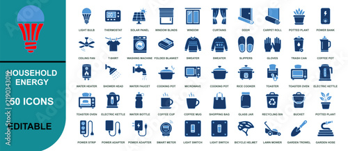 Set of 50 flat style household energy icons for editing and design use isolated on white background, Vector, illustration