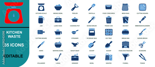 Set of 35 colorful kitchen waste sorting icons in flat design style isolated on white background, Vector, illustration