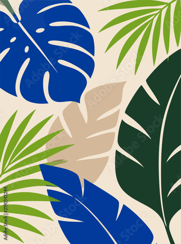 Tropical Botanical Leaf Collage with Bold Blue and Green Foliage