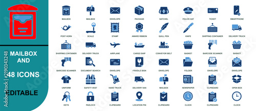 Set of 48 editable mailbox and shipping service icons in blue and white color scheme isolated on white background, Vector, illustration